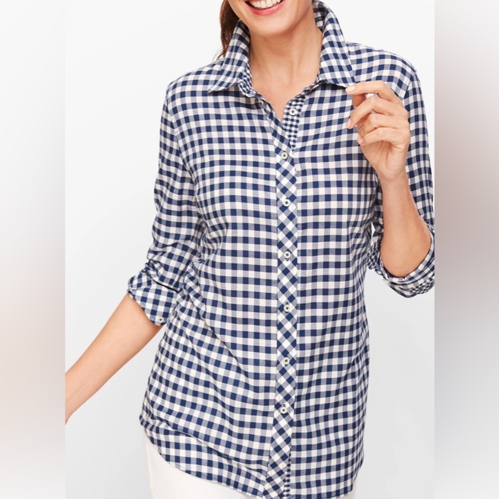 Talbots Navy and White Gingham Button-Down Shirt- Plus Size